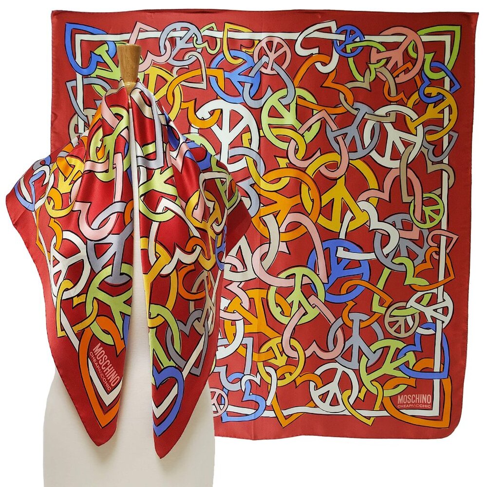 MOSCHINO CHEAP AND CHIC SCARF LOVE & PEACE LOGO SILK TWILL SQUARE FOULARD 34"